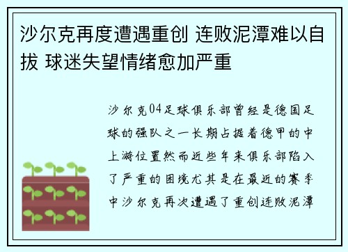 沙尔克再度遭遇重创 连败泥潭难以自拔 球迷失望情绪愈加严重