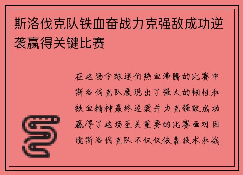 斯洛伐克队铁血奋战力克强敌成功逆袭赢得关键比赛