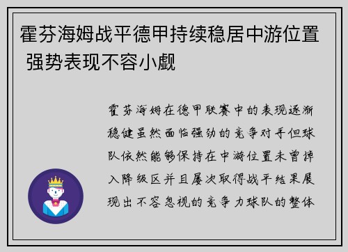 霍芬海姆战平德甲持续稳居中游位置 强势表现不容小觑